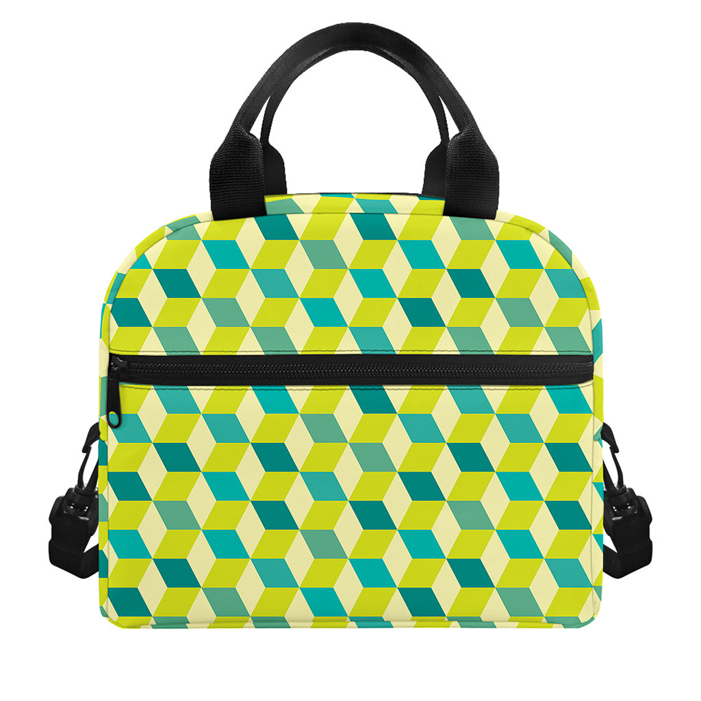 Green Geometric Cube Shape Pattern Print Insulated Lunch Bag