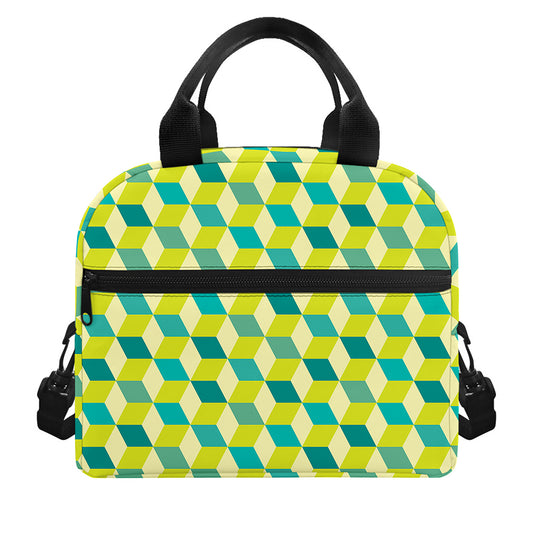 Green Geometric Cube Shape Pattern Print Insulated Lunch Bag