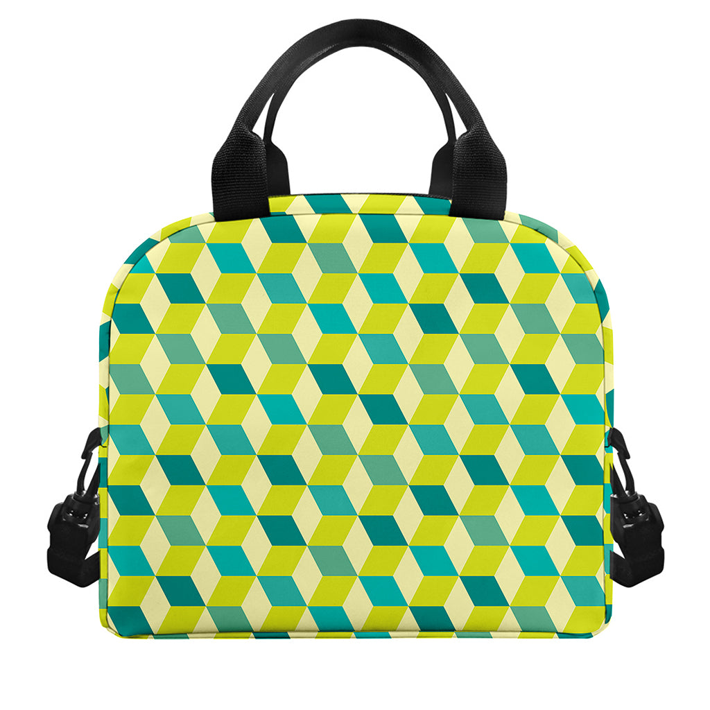 Green Geometric Cube Shape Pattern Print Insulated Lunch Bag