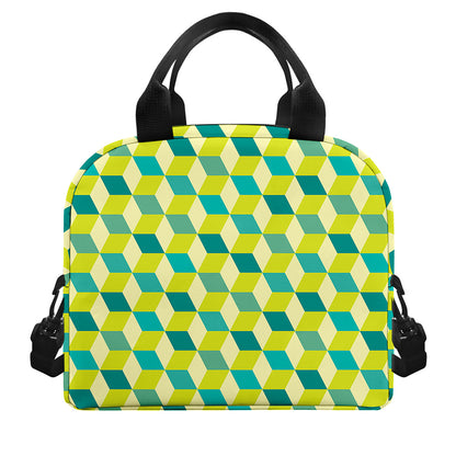 Green Geometric Cube Shape Pattern Print Insulated Lunch Bag