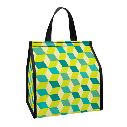 Green Geometric Cube Shape Pattern Print Insulated Lunch Tote