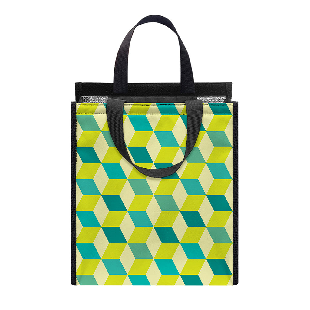 Green Geometric Cube Shape Pattern Print Insulated Lunch Tote