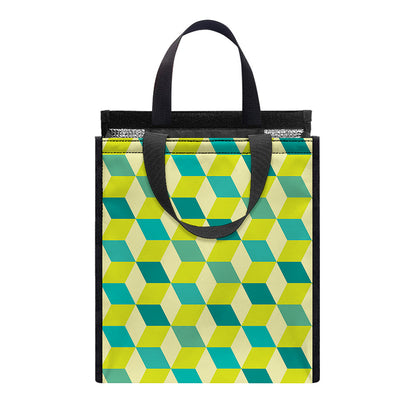Green Geometric Cube Shape Pattern Print Insulated Lunch Tote