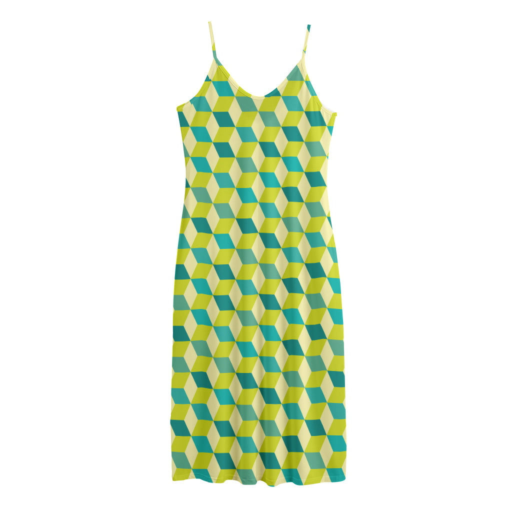 Green Geometric Cube Shape Pattern Print Jersey Midi Cami Dress