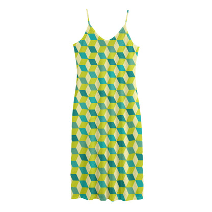 Green Geometric Cube Shape Pattern Print Jersey Midi Cami Dress