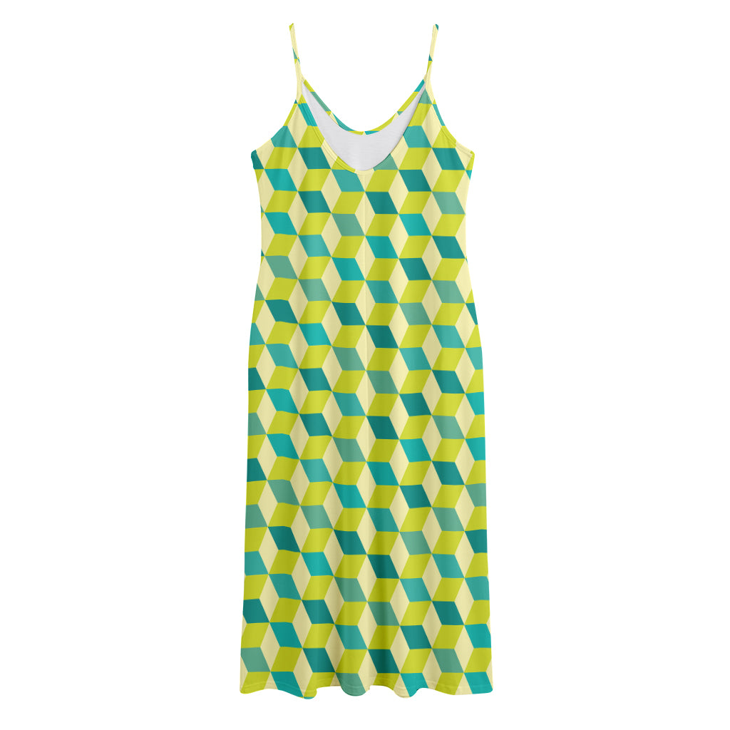 Green Geometric Cube Shape Pattern Print Jersey Midi Cami Dress
