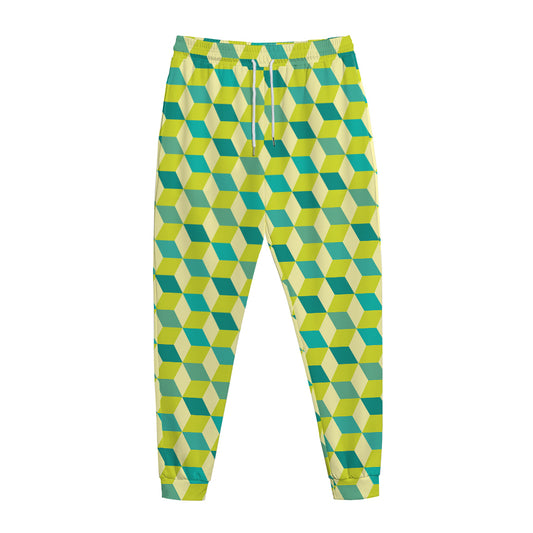 Green Geometric Cube Shape Pattern Print Jogger Pants
