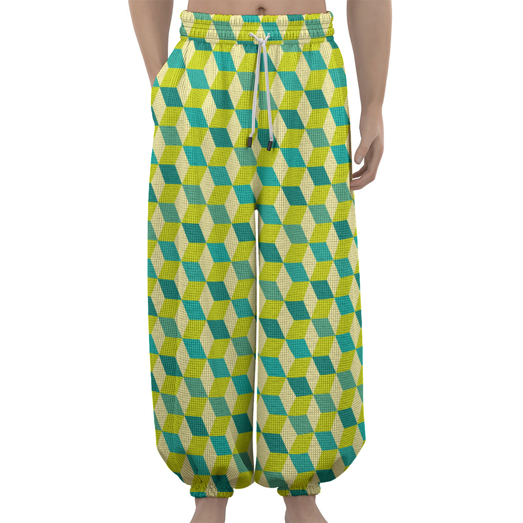 Green Geometric Cube Shape Pattern Print Lantern Pants