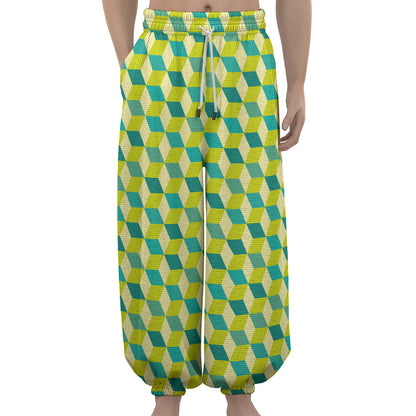 Green Geometric Cube Shape Pattern Print Lantern Pants
