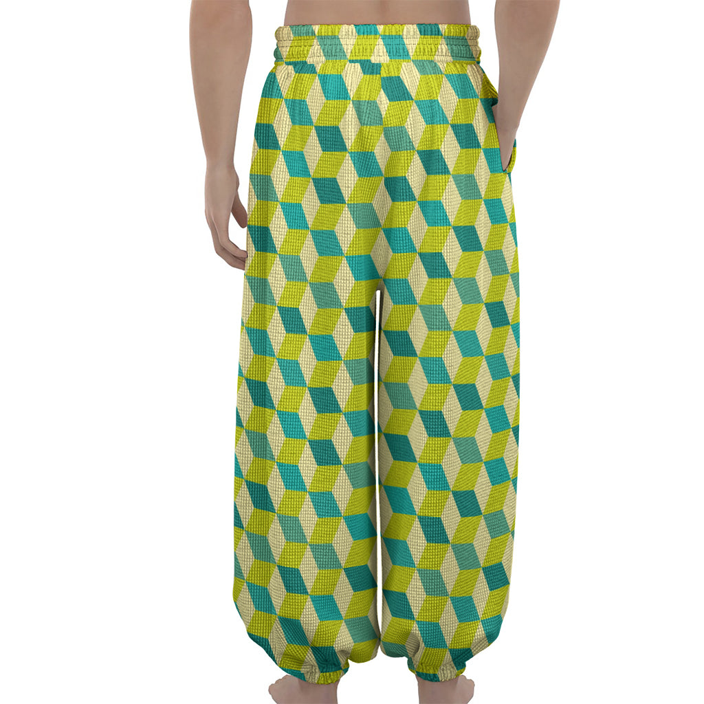 Green Geometric Cube Shape Pattern Print Lantern Pants