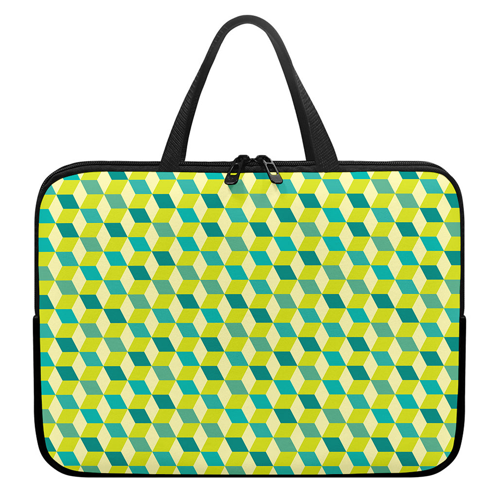 Green Geometric Cube Shape Pattern Print Laptop Sleeve With Handle