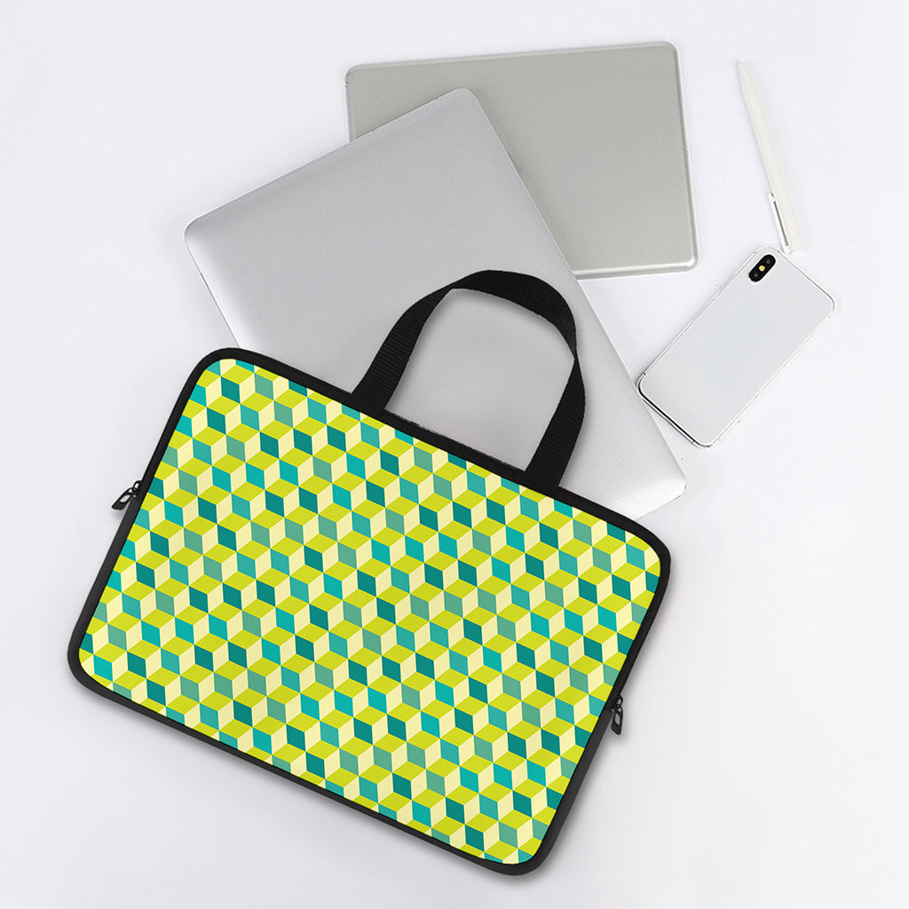Green Geometric Cube Shape Pattern Print Laptop Sleeve With Handle