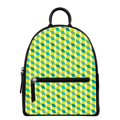 Green Geometric Cube Shape Pattern Print Leather Backpack