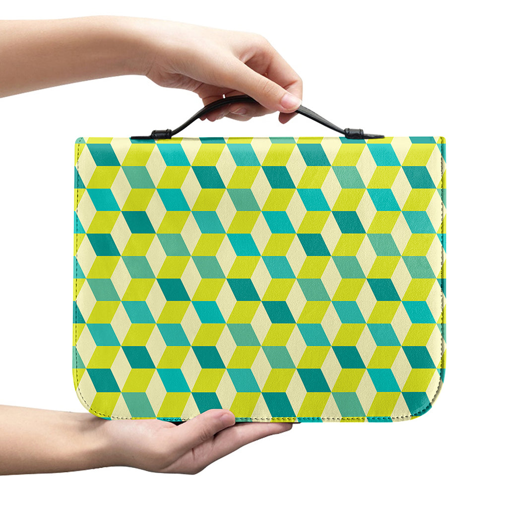 Green Geometric Cube Shape Pattern Print Leather Bible Cover