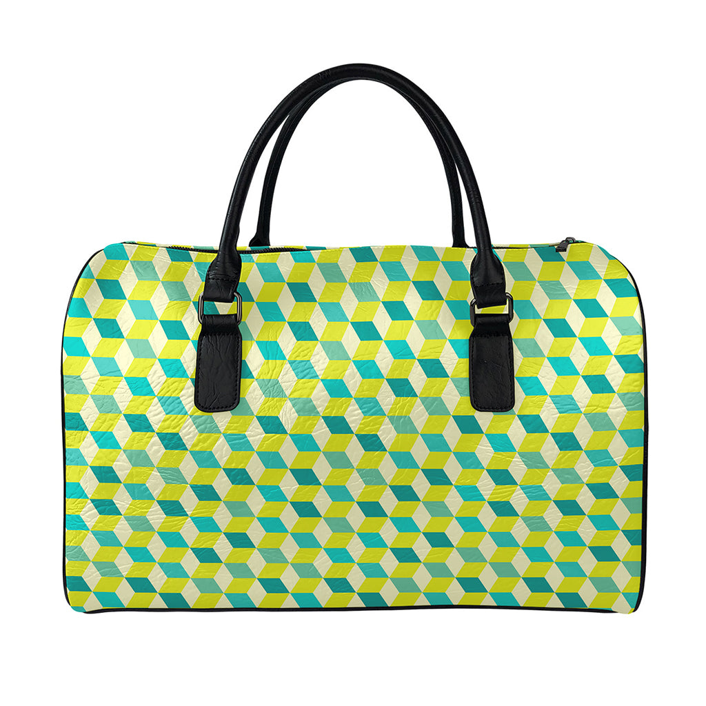 Green Geometric Cube Shape Pattern Print Leather Duffle Bag