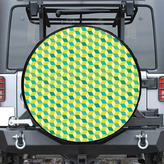 Green Geometric Cube Shape Pattern Print Leather Spare Tire Cover
