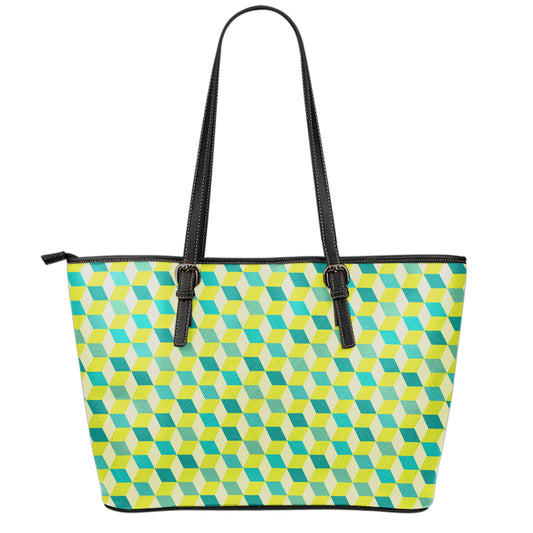 Green Geometric Cube Shape Pattern Print Leather Tote Bag