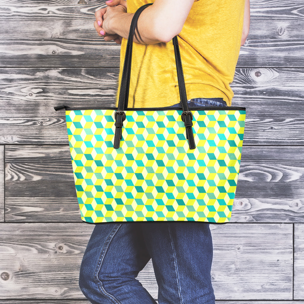 Green Geometric Cube Shape Pattern Print Leather Tote Bag