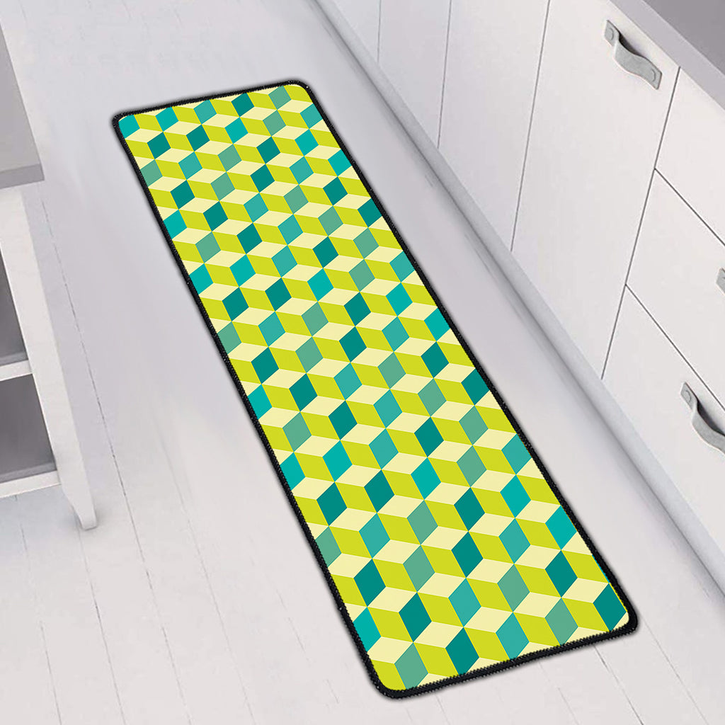 Green Geometric Cube Shape Pattern Print Long Kitchen Mat