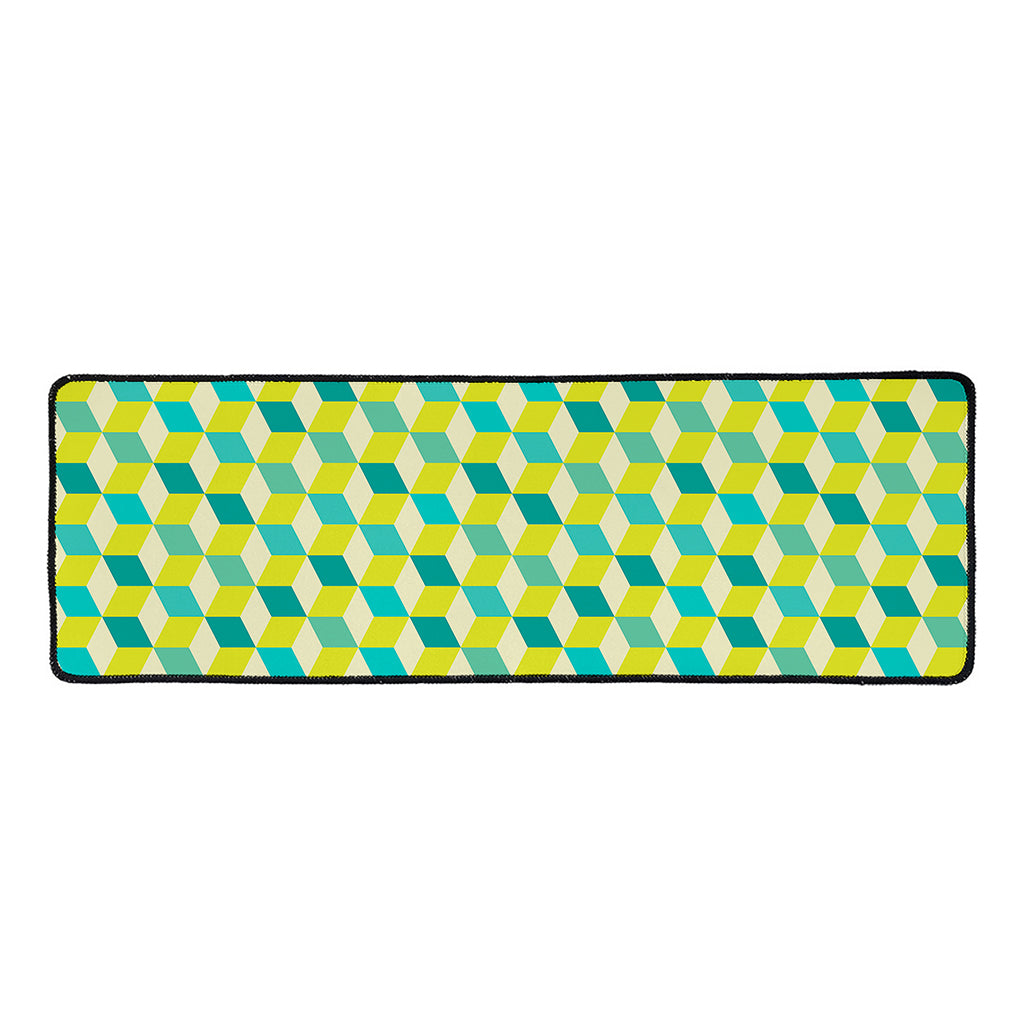 Green Geometric Cube Shape Pattern Print Long Kitchen Mat