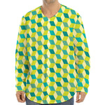 Green Geometric Cube Shape Pattern Print Long Sleeve Baseball Jersey