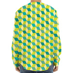 Green Geometric Cube Shape Pattern Print Long Sleeve Baseball Jersey