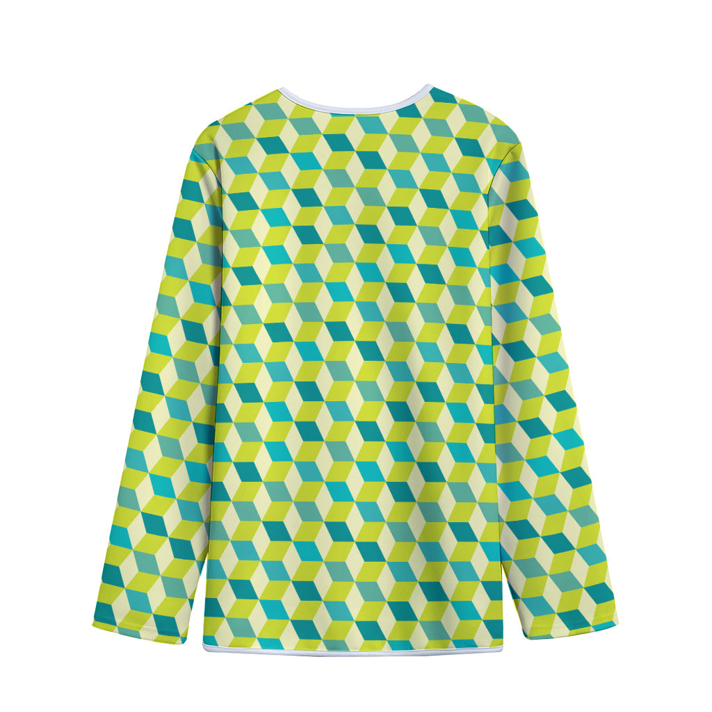 Green Geometric Cube Shape Pattern Print Long Sleeve Short Coat