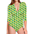 Green Geometric Cube Shape Pattern Print Long Sleeve Swimsuit