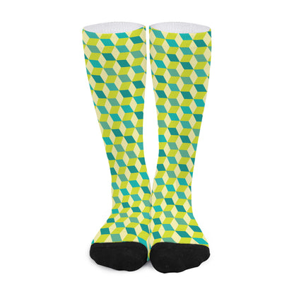 Green Geometric Cube Shape Pattern Print Long Socks
