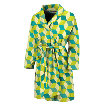 Green Geometric Cube Shape Pattern Print Men's Bathrobe