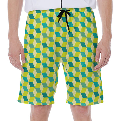 Green Geometric Cube Shape Pattern Print Men's Beach Shorts