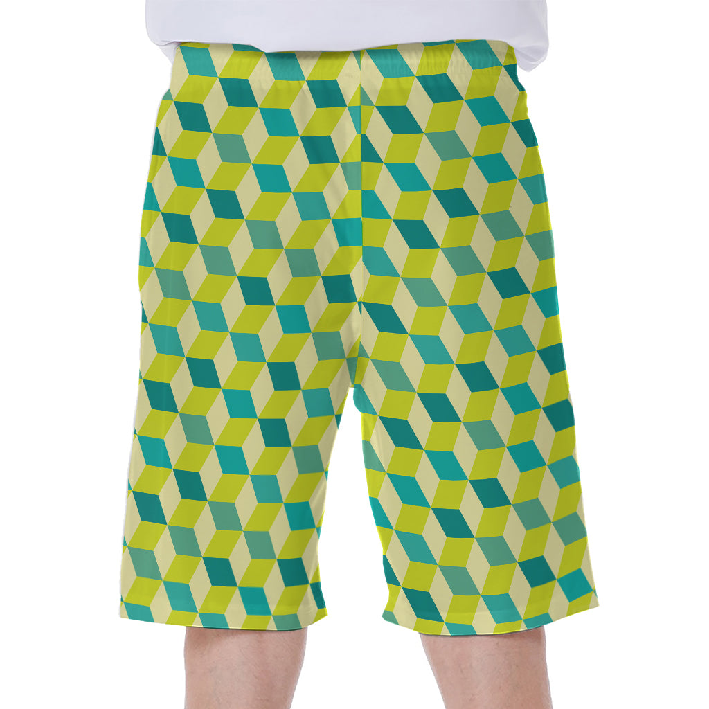Green Geometric Cube Shape Pattern Print Men's Beach Shorts