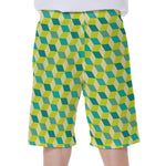Green Geometric Cube Shape Pattern Print Men's Beach Shorts