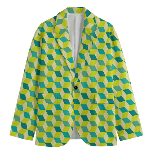 Green Geometric Cube Shape Pattern Print Men's Blazer