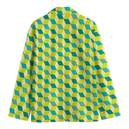 Green Geometric Cube Shape Pattern Print Men's Blazer