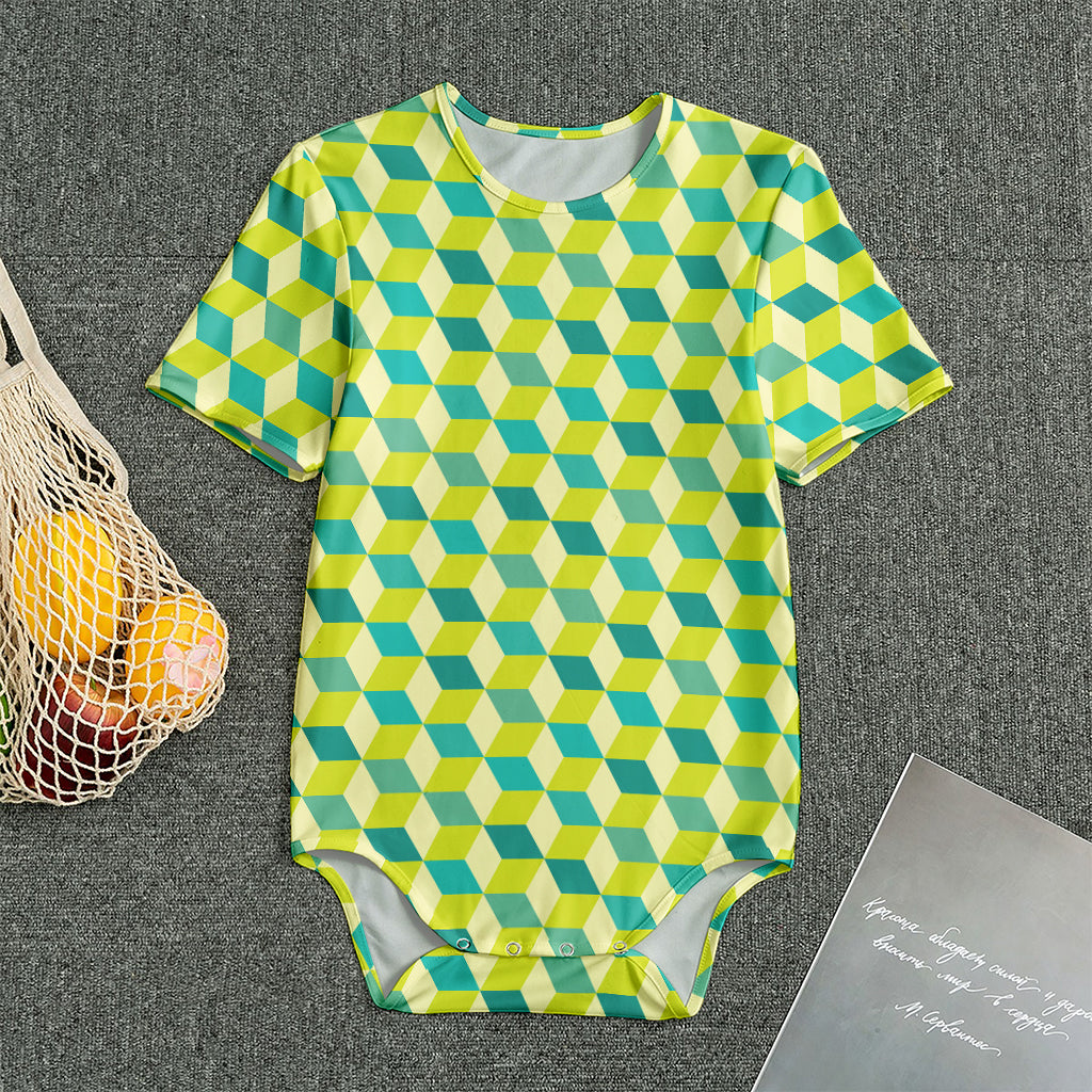 Green Geometric Cube Shape Pattern Print Men's Bodysuit