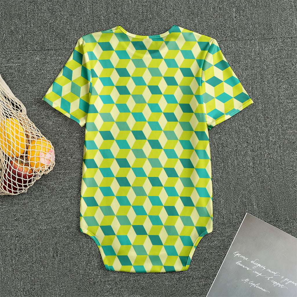 Green Geometric Cube Shape Pattern Print Men's Bodysuit