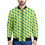 Green Geometric Cube Shape Pattern Print Men's Bomber Jacket