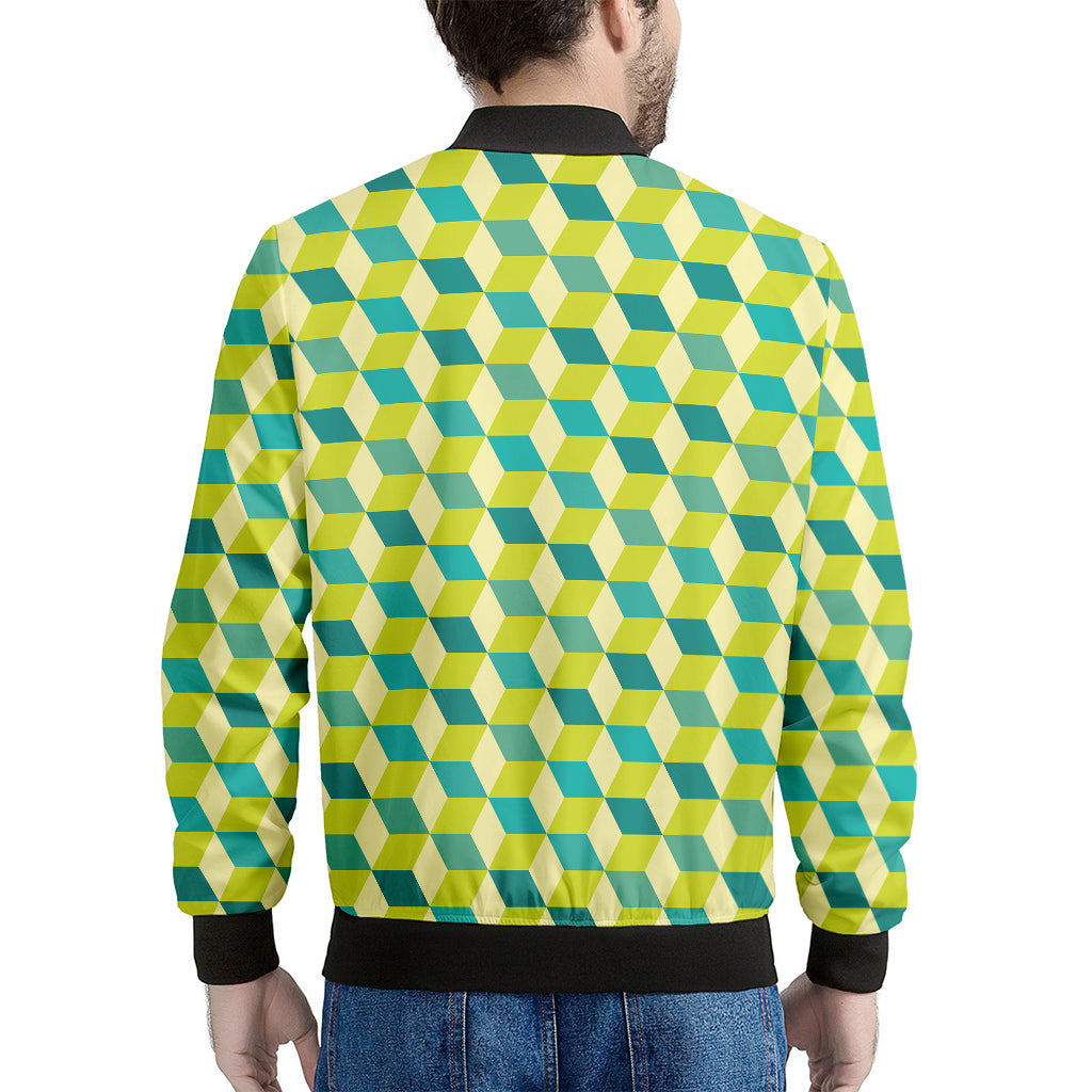 Green Geometric Cube Shape Pattern Print Men's Bomber Jacket