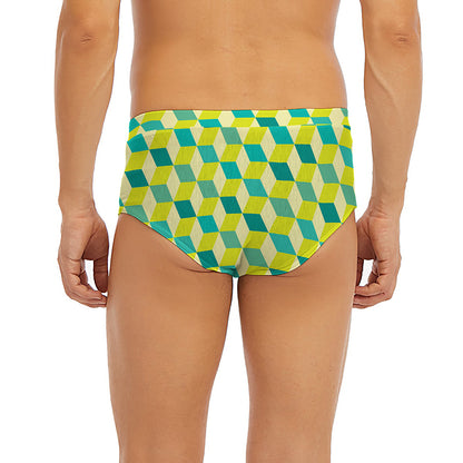 Green Geometric Cube Shape Pattern Print Men's Briefs