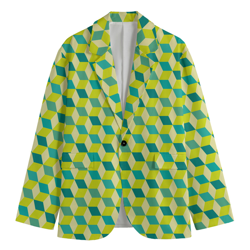 Green Geometric Cube Shape Pattern Print Men's Cotton Blazer