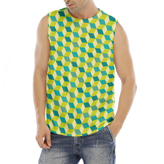 Green Geometric Cube Shape Pattern Print Men's Fitness Tank Top