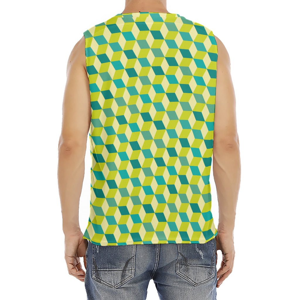 Green Geometric Cube Shape Pattern Print Men's Fitness Tank Top