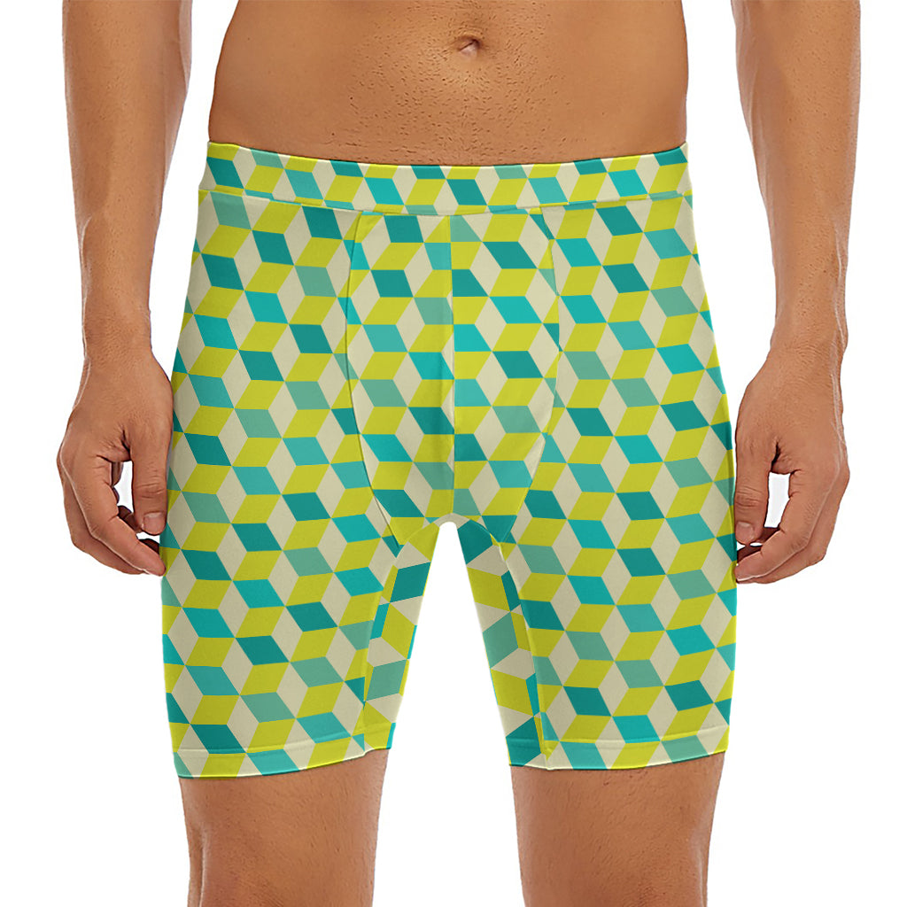 Green Geometric Cube Shape Pattern Print Men's Long Boxer Briefs