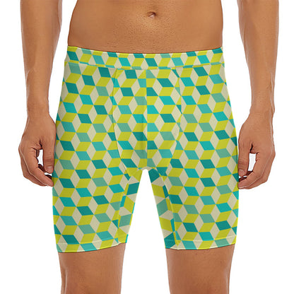 Green Geometric Cube Shape Pattern Print Men's Long Boxer Briefs