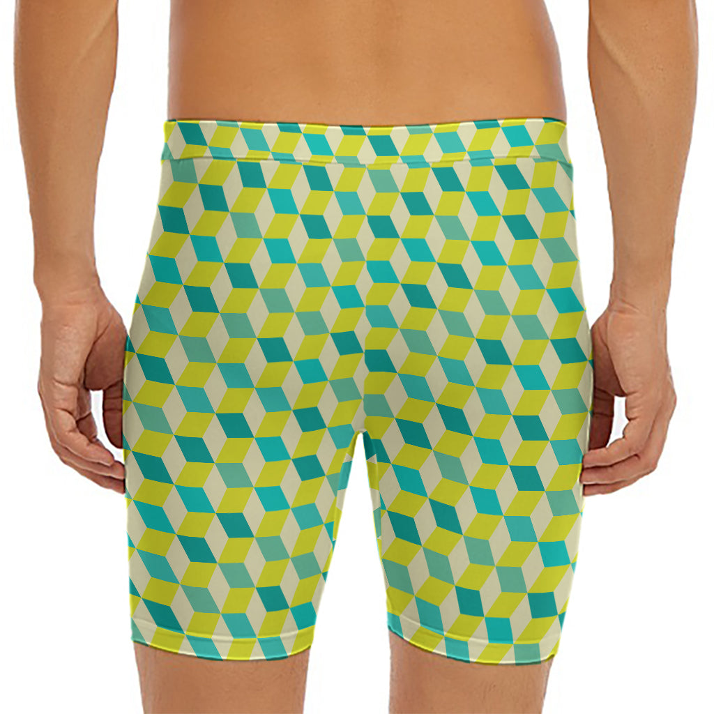 Green Geometric Cube Shape Pattern Print Men's Long Boxer Briefs