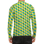 Green Geometric Cube Shape Pattern Print Men's Long Sleeve Rash Guard