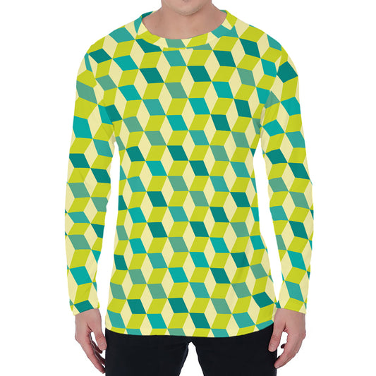 Green Geometric Cube Shape Pattern Print Men's Long Sleeve T-Shirt