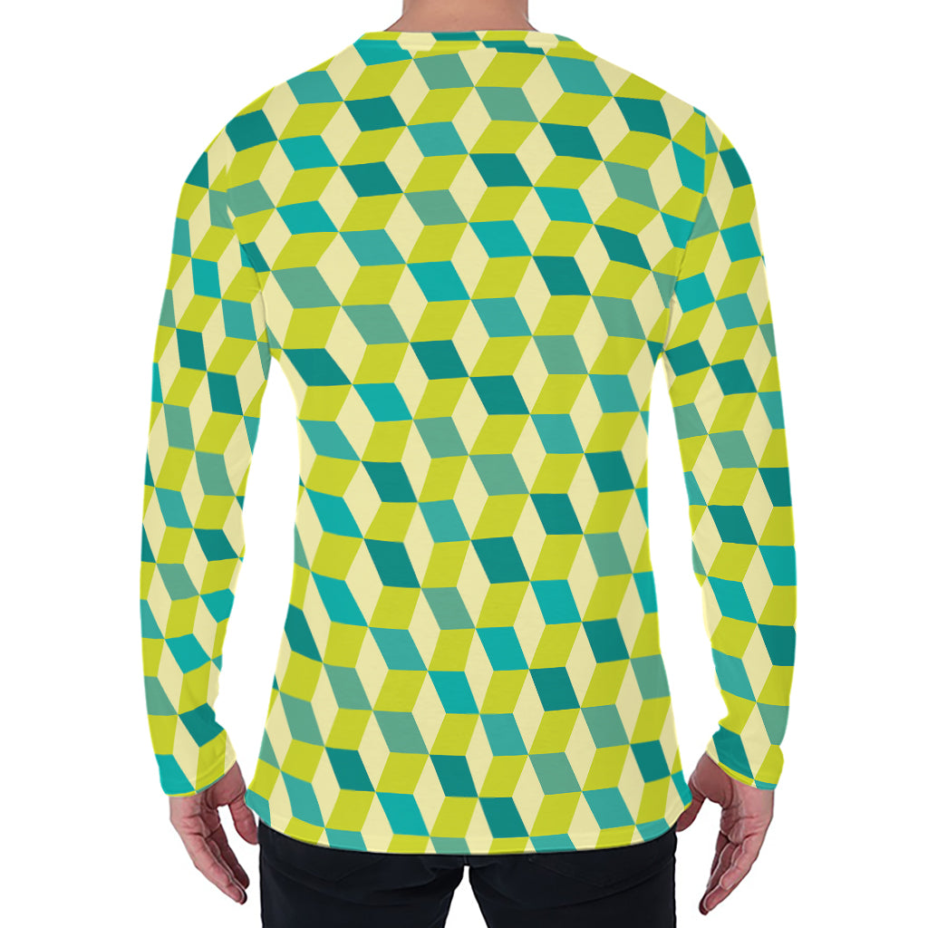 Green Geometric Cube Shape Pattern Print Men's Long Sleeve T-Shirt