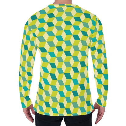 Green Geometric Cube Shape Pattern Print Men's Long Sleeve T-Shirt
